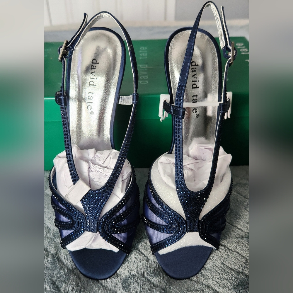NWOT David Tate Navy Satin 6W Sandals